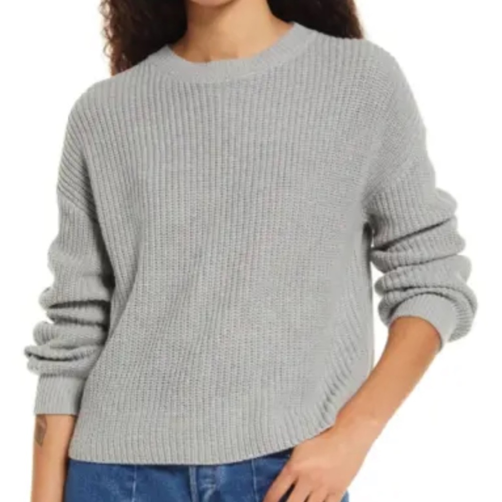 New BP Cleo Women's L Grey Heather Chunky Rib Knit Cotton Crop Crewneck Sweater